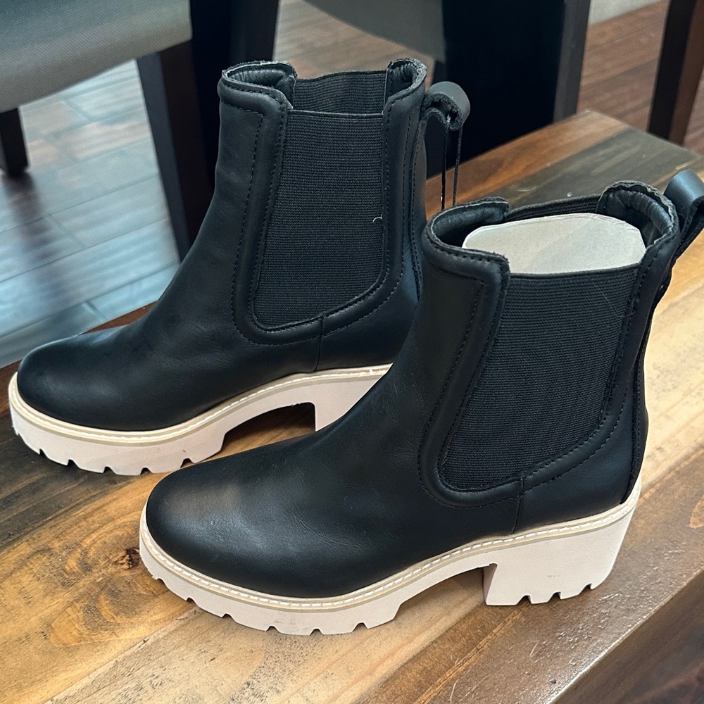 Dolce Vita Hawk H2O Black Leather Ankle Boots with Cream Sole. New With Tags.
